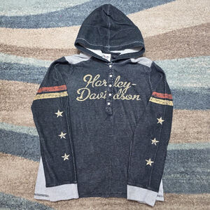 Harley-Davidson Rhinestone Hoodie Womens M Stars Embellished Graphic Henley Top